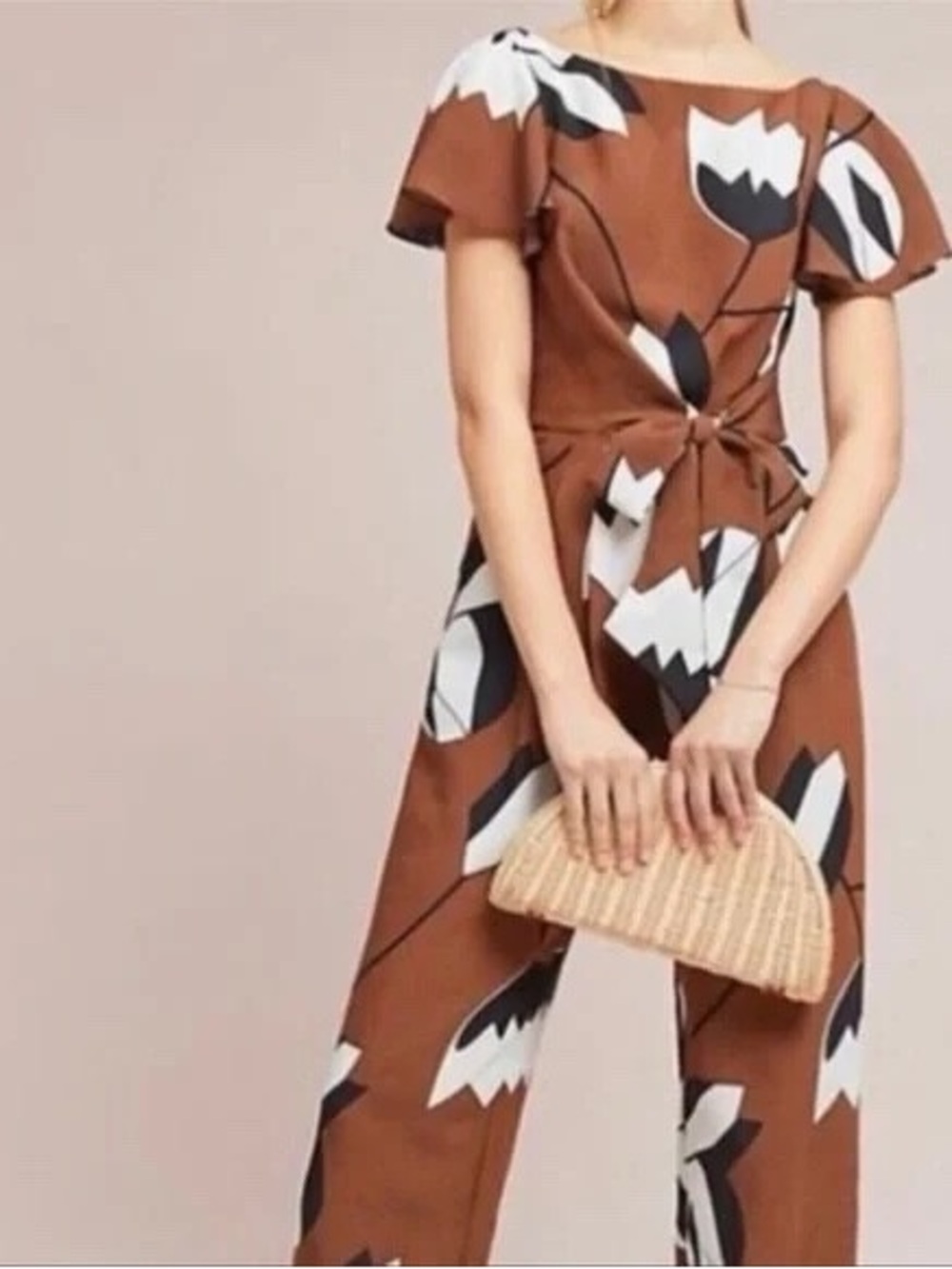 Anthropologie Brown Floral Tie-Waist Jumpsuit